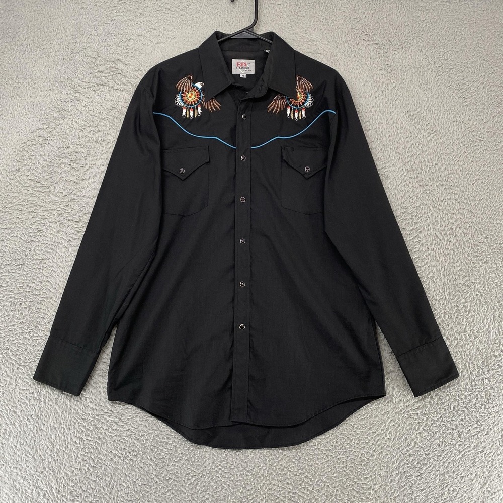ELY Diamond Shirt Mens Medium Black Western Eagle Embroidered Snap Vintage